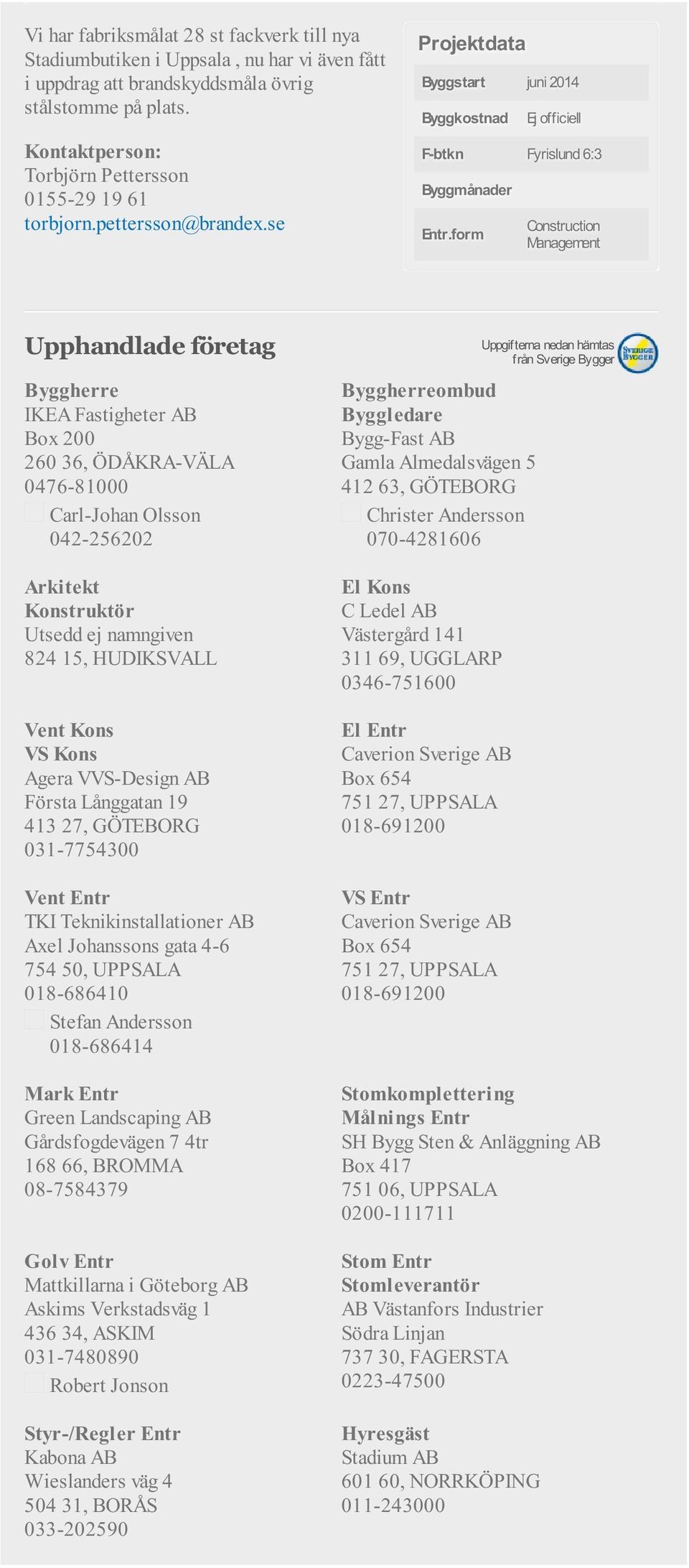 form Construction Management Upphandlade företag IKEA Fastigheter AB Box 200 260 36, ÖDÅKRA-VÄLA 0476-81000 Carl-Johan Olsson 042-256202 Arkitekt Konstruktör Utsedd ej namngiven 824 15, HUDIKSVALL