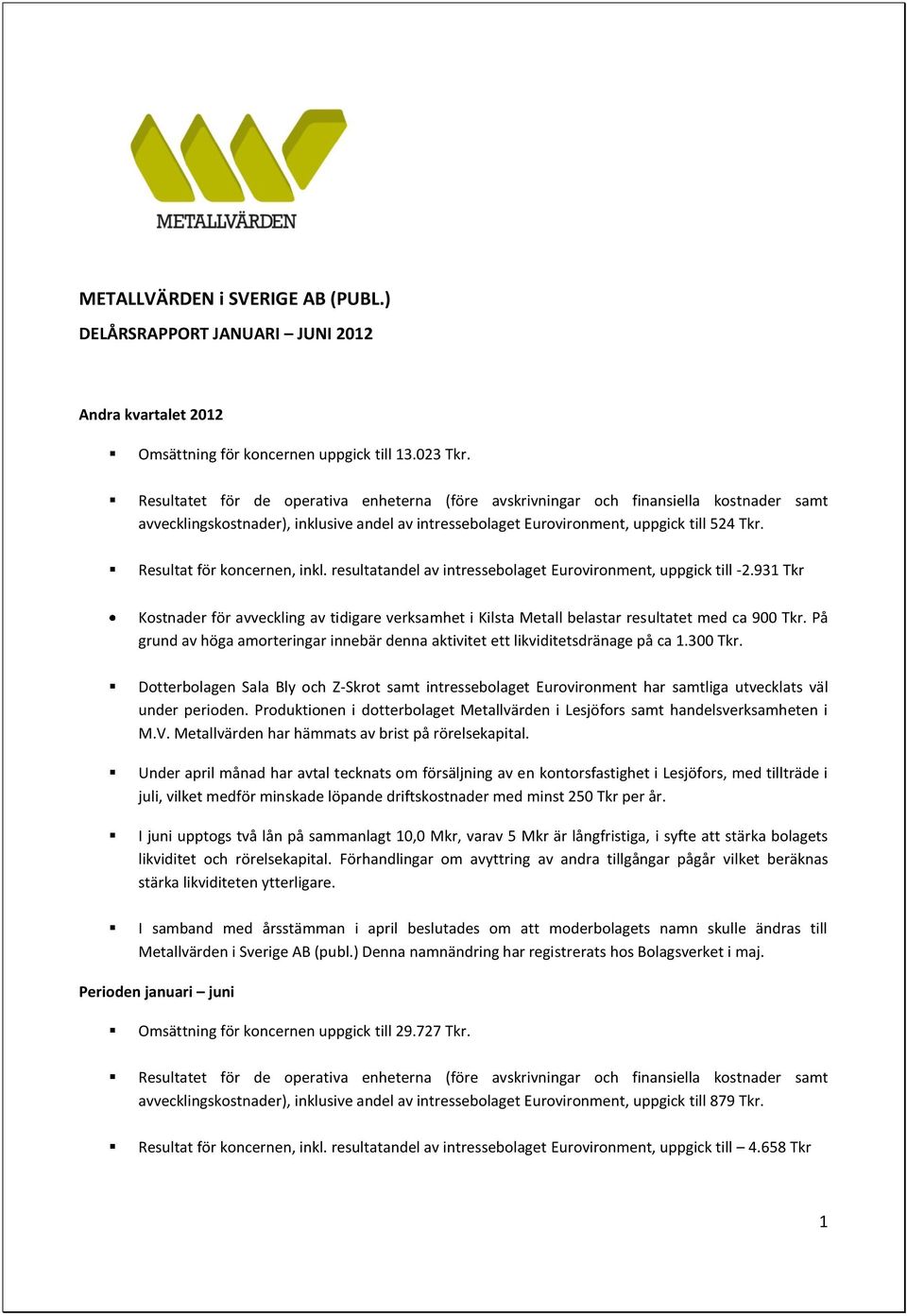 Resultat för koncernen, inkl. resultatandel av intressebolaget Eurovironment, uppgick till -2.