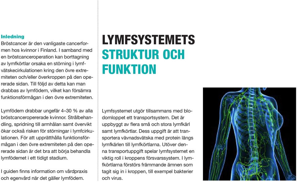 Till följd av detta kan man drabbas av lymfödem, vilket kan försämra funktionsförmågan i den övre extremiteten. Lymfödem drabbar ungefär 4 30 % av alla bröstcanceropererade kvinnor.