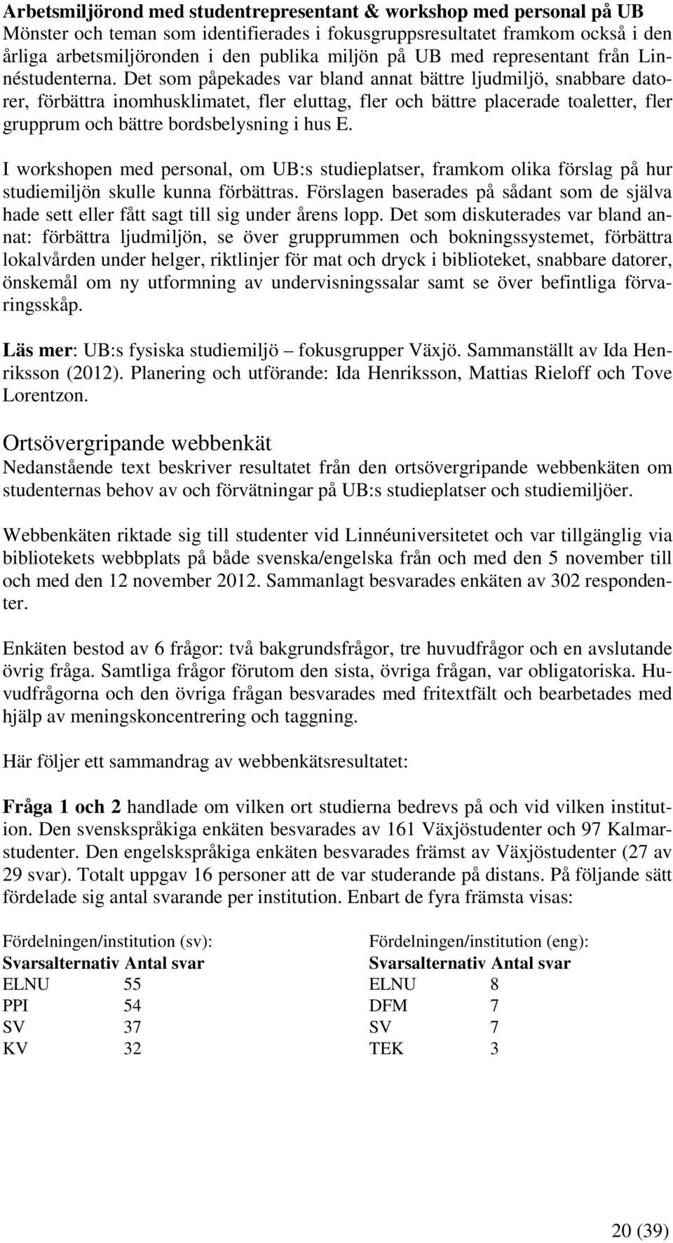 Det som påpekades var bland annat bättre ljudmiljö, snabbare datorer, förbättra inomhusklimatet, fler eluttag, fler och bättre placerade toaletter, fler grupprum och bättre bordsbelysning i hus E.