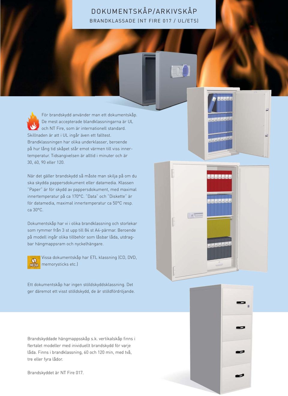 Tidsangivelsen är alltid i minuter och är 30, 60, 90 eller 120. När det gäller brandskydd så måste man skilja på om du ska skydda pappersdokument eller datamedia.