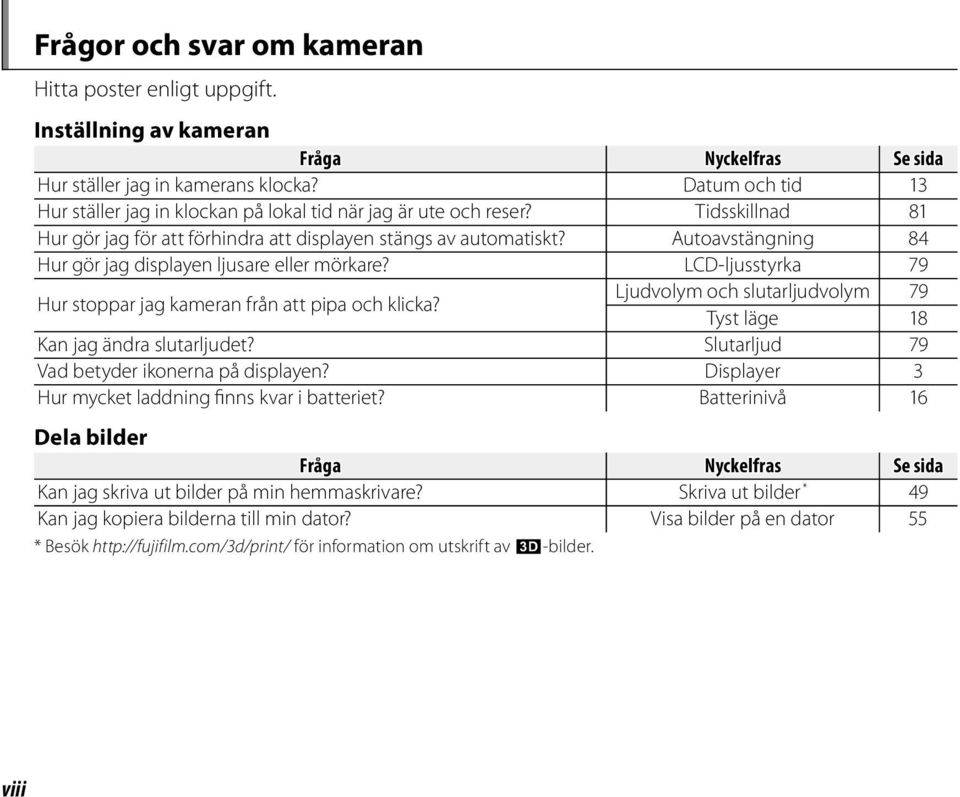 Autoavstängning 84 Hur gör jag displayen ljusare eller mörkare? LCD-ljusstyrka 79 Hur stoppar jag kameran från att pipa och klicka?