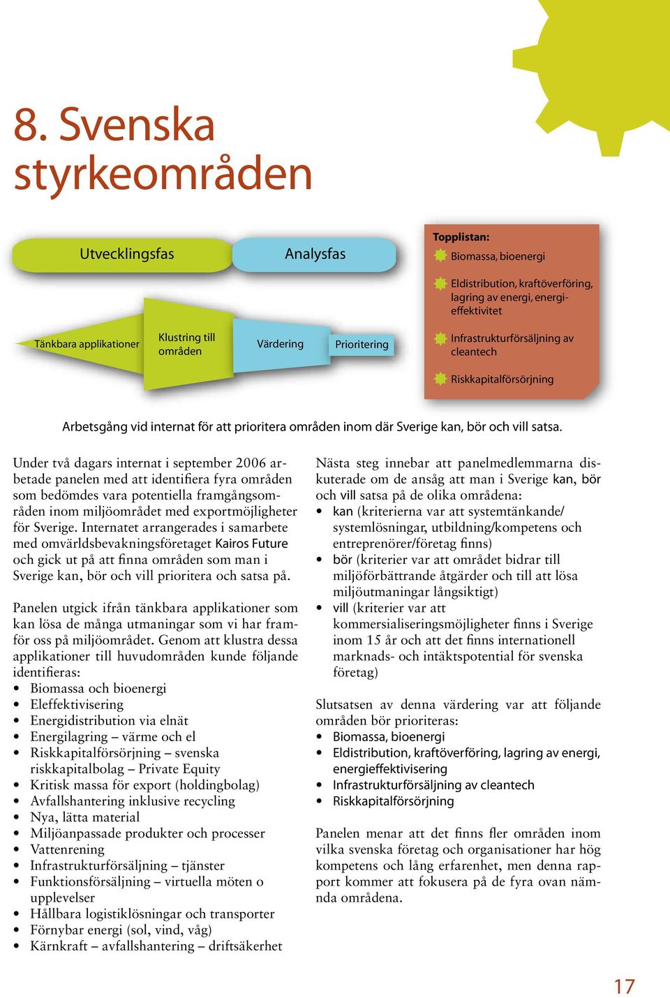 Under två dagars internat i september 2006 arbetade panelen med att identifiera fyra områden som bedömdes vara potentiella framgångsområden inom miljöområdet med exportmöjligheter för Sverige.