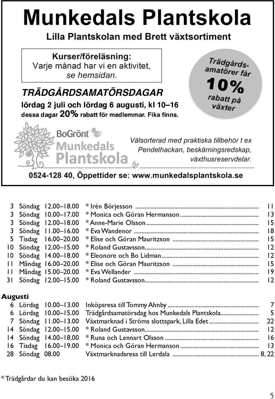 00 15.00 * Roland Gustavsson... 12 10 Söndag 14.00 18.00 * Eleonore och Bo Lidman... 12 11 Måndag 16.00 20.00 * Elise och Göran Mauritzson... 15 11 Måndag 15.00 20.00 * Eva Wellander... 19 31 Söndag 12.