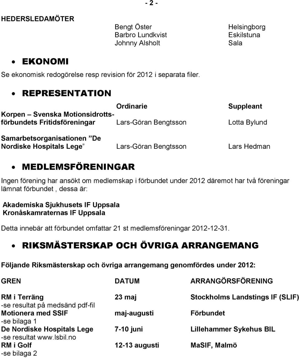Lars Hedman MEDLEMSFÖRENINGAR Ingen förening har ansökt om medlemskap i förbundet under 2012 däremot har två föreningar lämnat förbundet, dessa är: Akademiska Sjukhusets IF Uppsala Kronåskamraternas