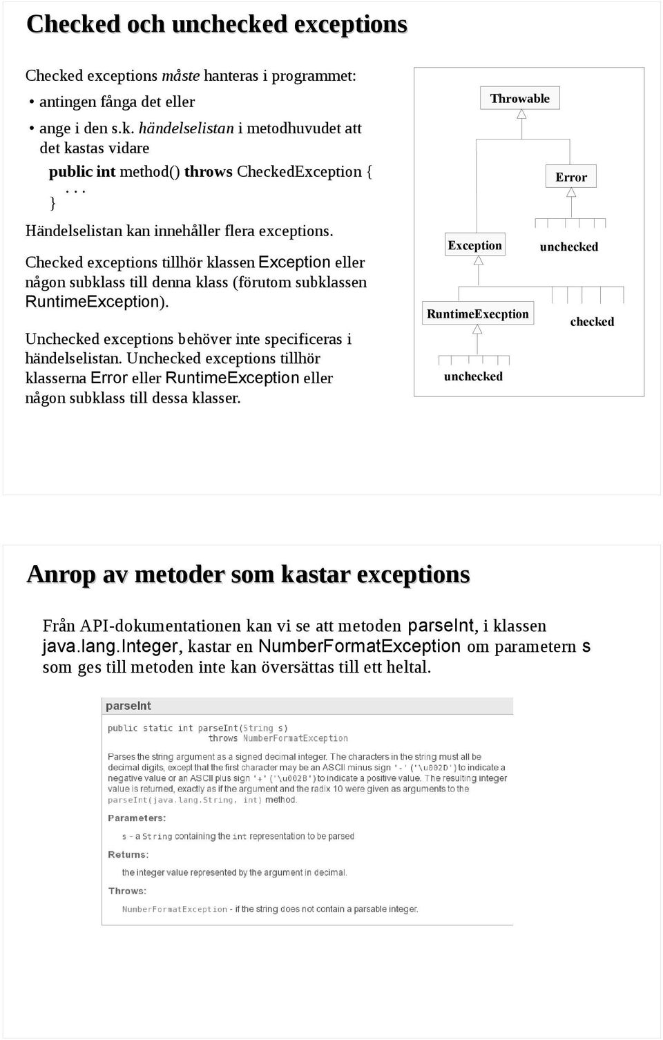 Unchecked exceptions tillhör klasserna Error eller RuntimeException eller någon subklass till dessa klasser.