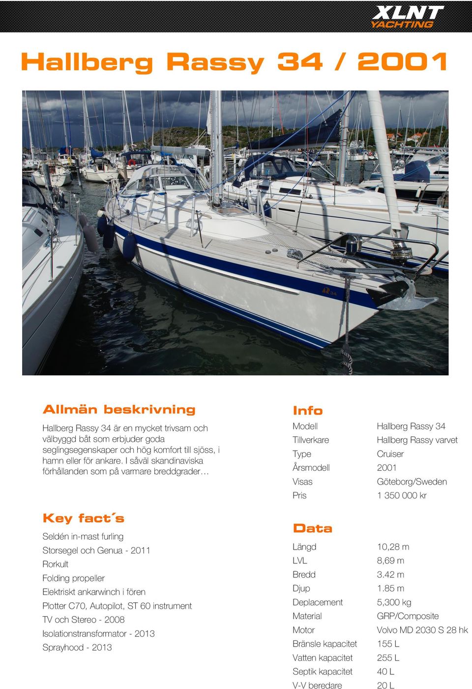 Seldén in-mast furling Data Storsegel och Genua - 2011 Längd 10,28 m Rorkult LVL 8,69 m Folding propeller Bredd 3.42 m Elektriskt ankarwinch i fören Djup 1.