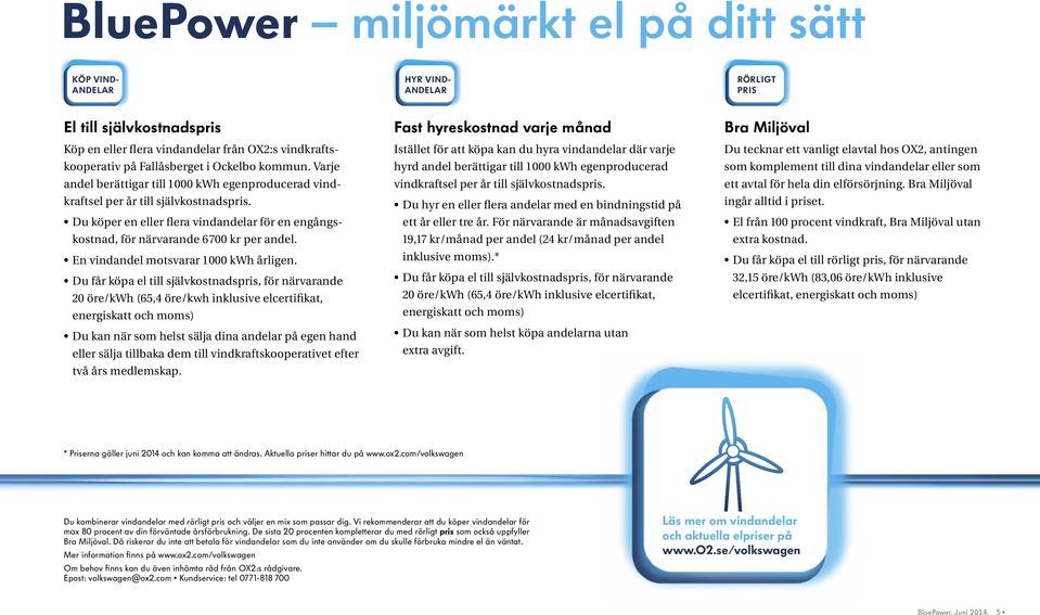 Du köper en eller flera vindandelar för en engångskostnad, för närvarande 6700 kr per andel. En vindandel motsvarar 1000 kwh årligen.