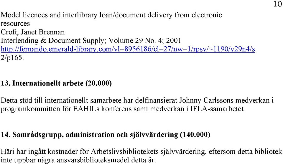 000) Detta stöd till internationellt samarbete har delfinansierat Johnny Carlssons medverkan i programkommittén för EAHILs konferens samt medverkan i