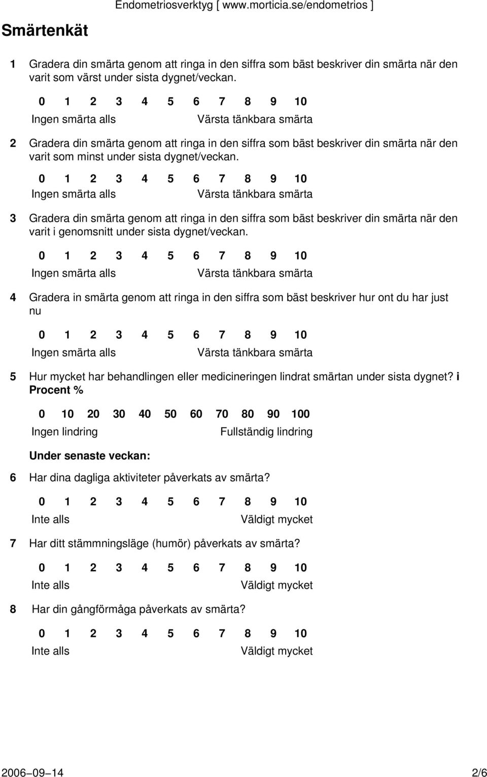 3 Gradera din smärta genom att ringa in den siffra som bäst beskriver din smärta när den varit i genomsnitt under sista dygnet/veckan.