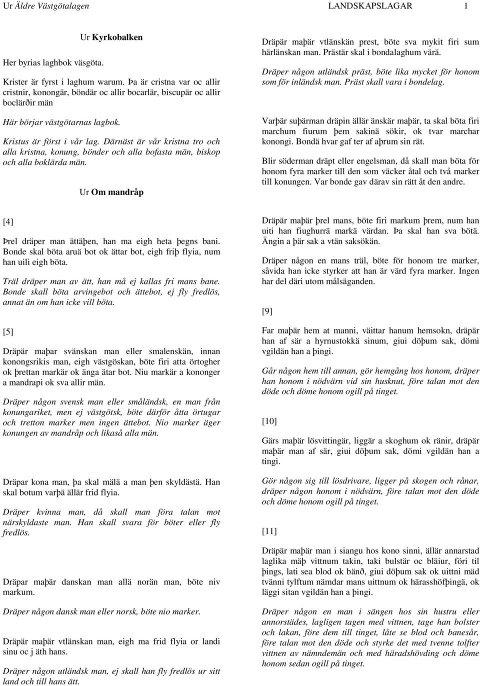 Därnäst är vår kristna tro och alla kristna, konung, bönder och alla bofasta män, biskop och alla boklärda män. Ur Om mandråp Dräpär maþär vtlänskän prest, böte sva mykit firi sum härlänskan man.