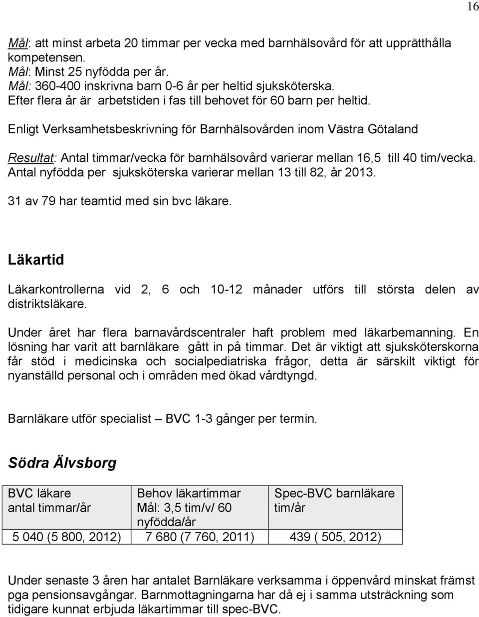 Enligt Verksamhetsbeskrivning för Barnhälsovården inom Västra Götaland Resultat: Antal timmar/vecka för barnhälsovård varierar mellan 16,5 till 40 tim/vecka.