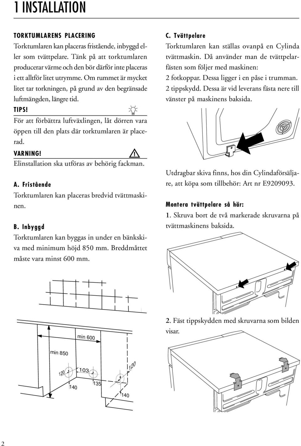 TIPS! För att förbättra luftväxlingen, låt dörren vara öppen till den plats där torktumlaren är placerad. VARNING! Elinstallation ska utföras av behörig fackman. A.