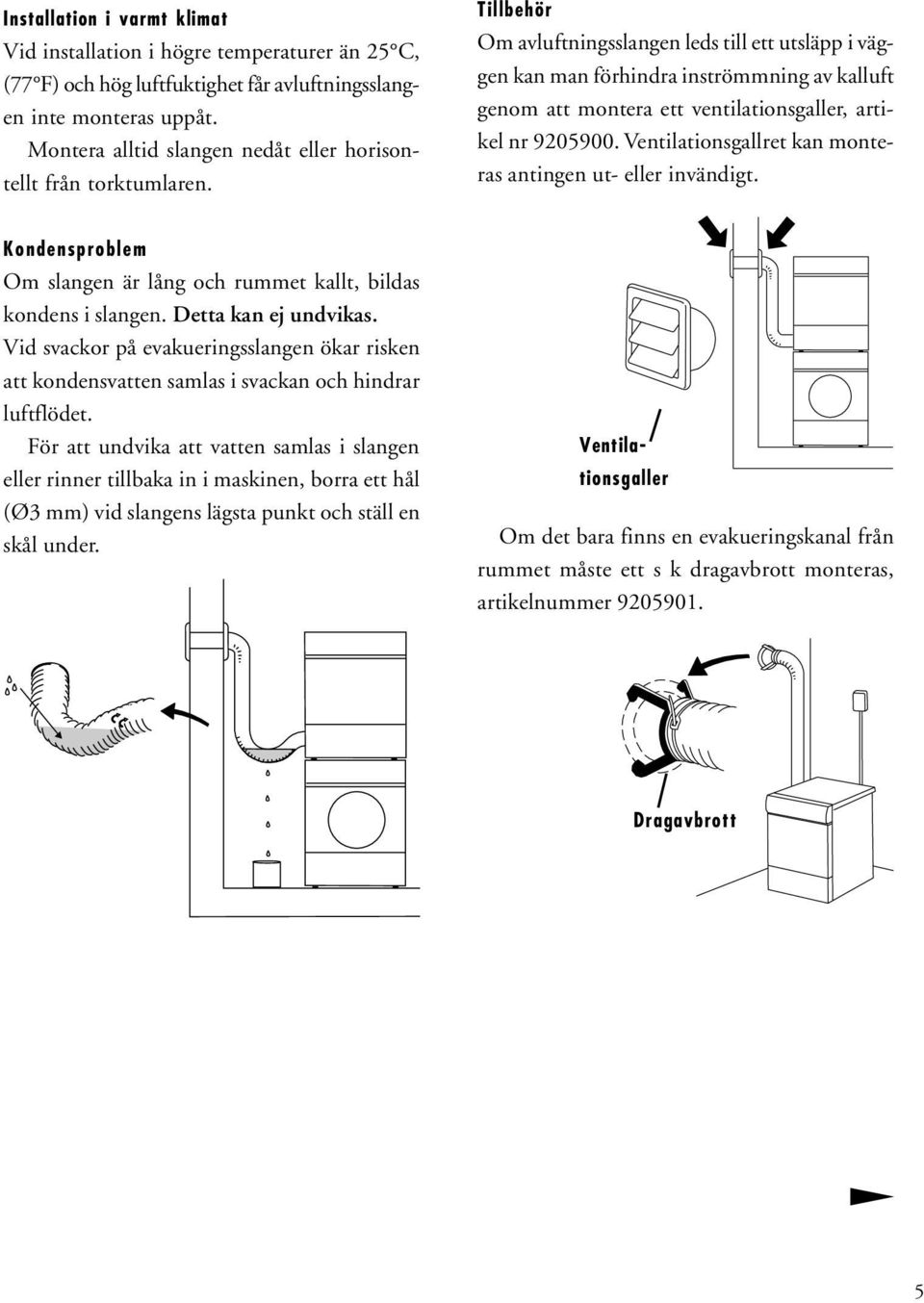 Tillbehör Om avluftningsslangen leds till ett utsläpp i väggen kan man förhindra inströmmning av kalluft genom att montera ett ventilationsgaller, artikel nr 905900.