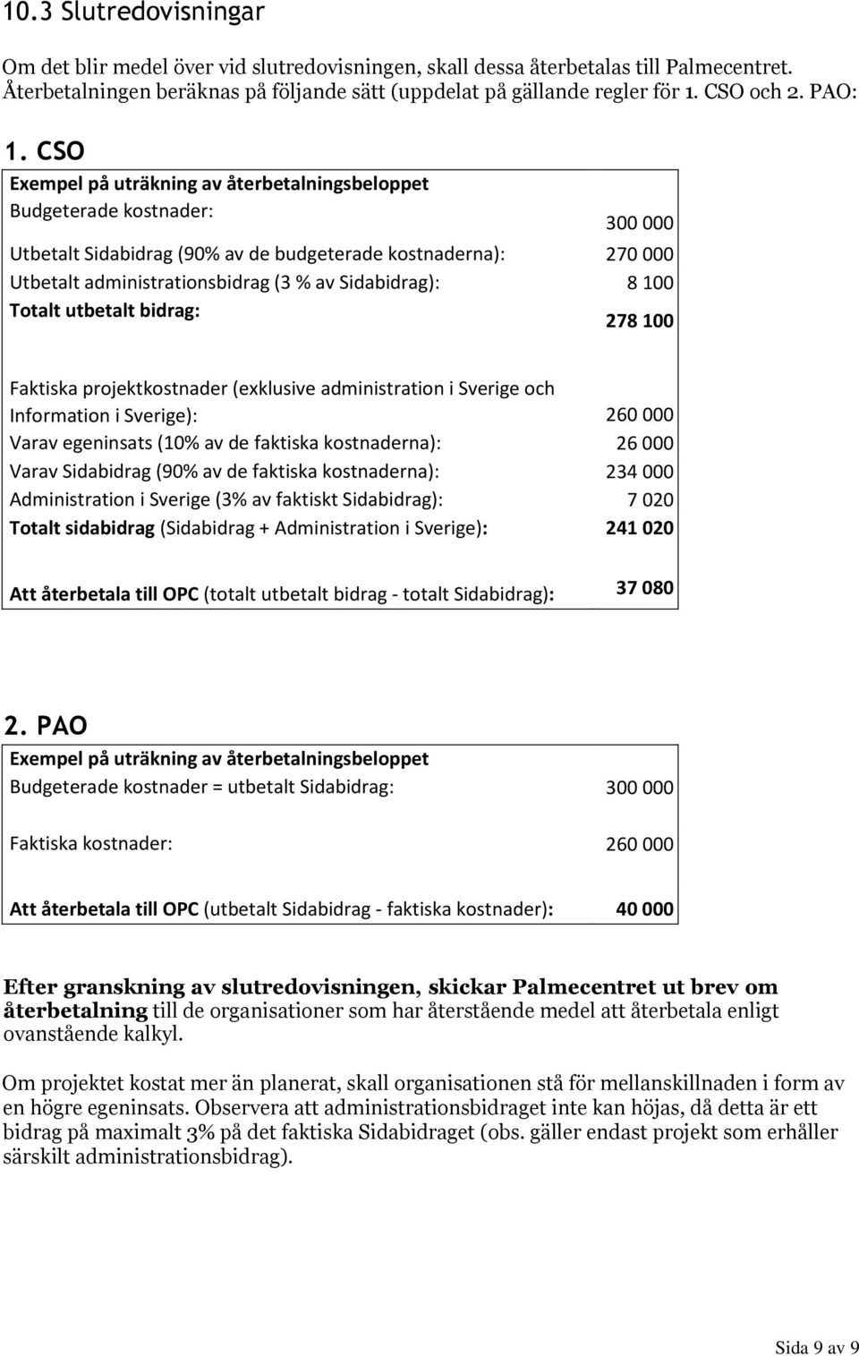 CSO Exempel på uträkning av återbetalningsbeloppet Budgeterade kostnader: 300 000 Utbetalt Sidabidrag (90% av de budgeterade kostnaderna): 270 000 Utbetalt administrationsbidrag (3 % av Sidabidrag):