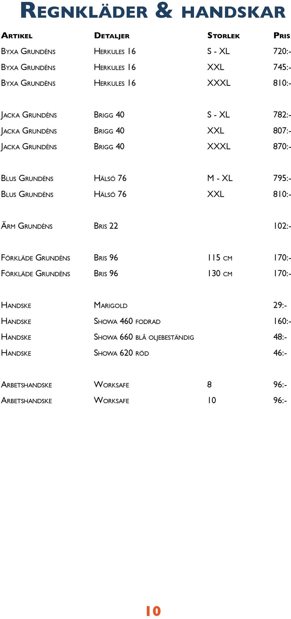 Grundéns Hälsö 76 XXL 810:- Ärm Grundéns Bris 22 102:- Förkläde Grundéns Bris 96 115 cm 170:- Förkläde Grundéns Bris 96 130 cm 170:- Handske Marigold 29:-