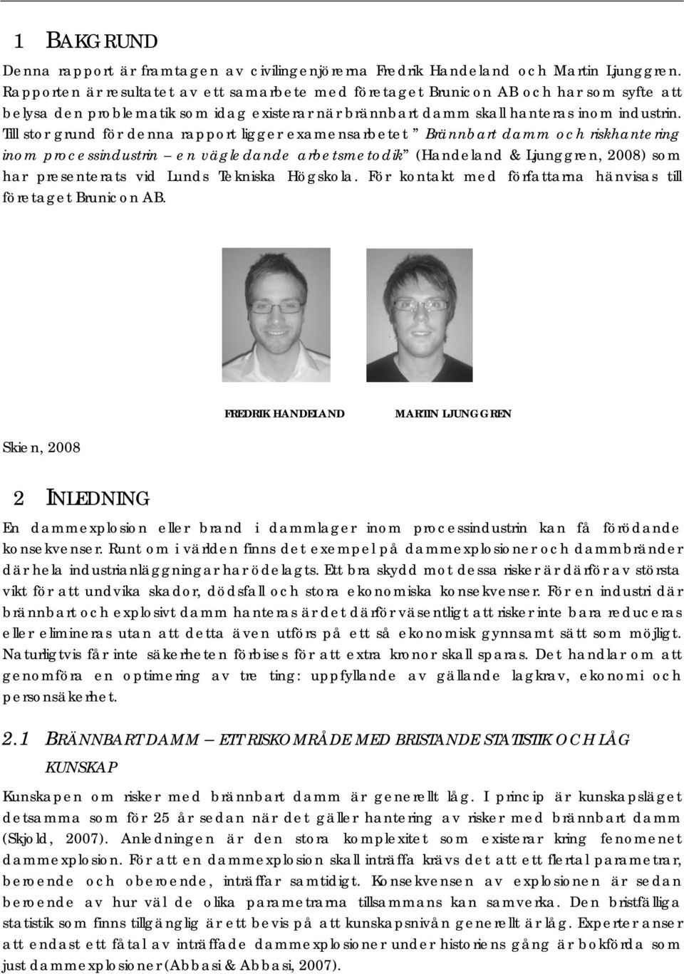 Till stor grund för denna rapport ligger examensarbetet Brännbart damm och riskhantering inom processindustrin en vägledande arbetsmetodik (Handeland & Ljunggren, 2008) som har presenterats vid Lunds