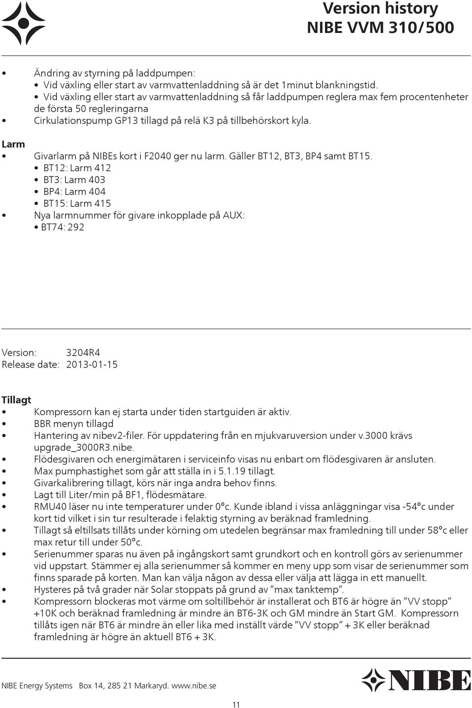 Larm Givarlarm på NIBEs kort i F2040 ger nu larm. Gäller BT12, BT3, BP4 samt BT15.