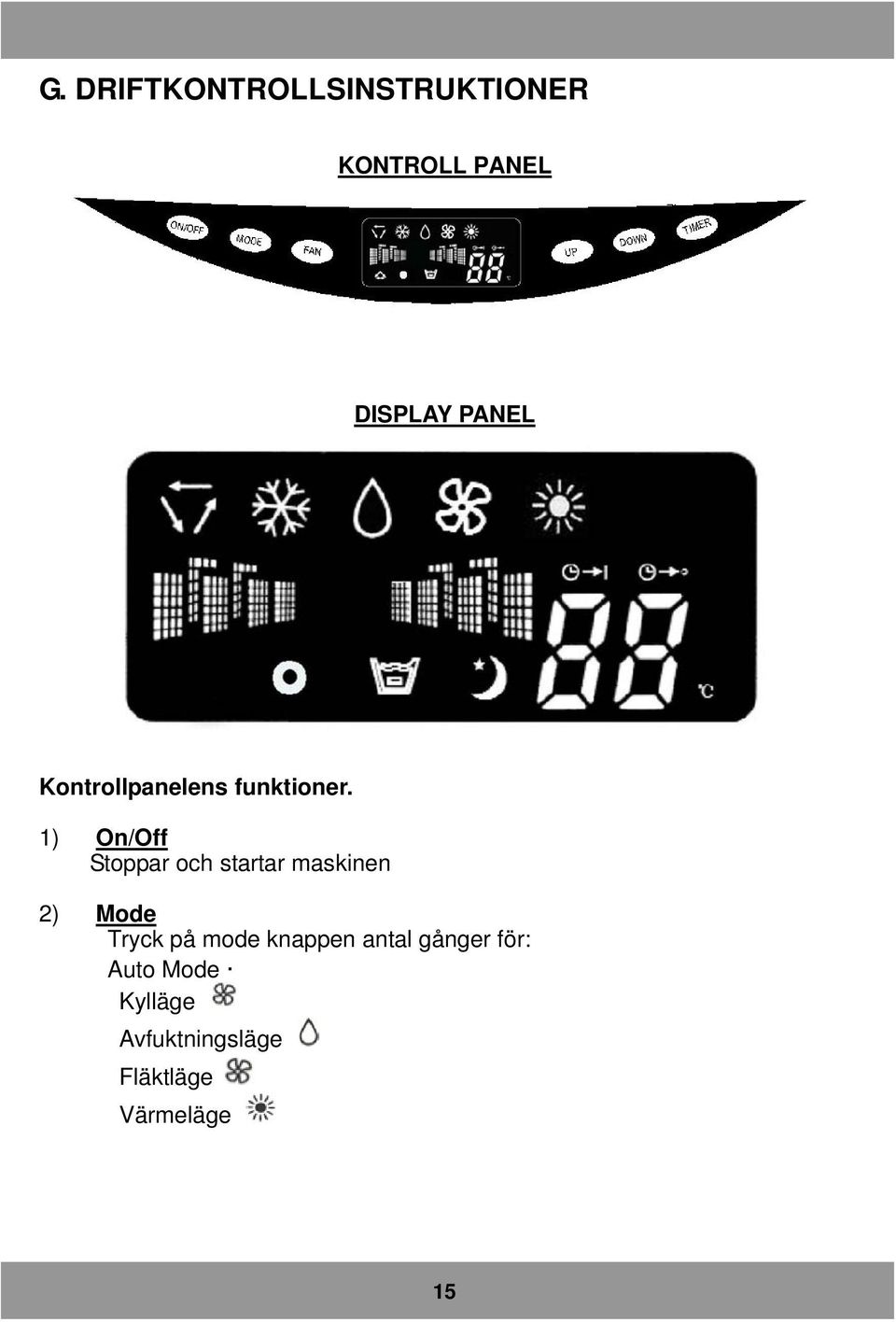 1) On/Off Stoppar och startar maskinen 2) Mode Tryck på