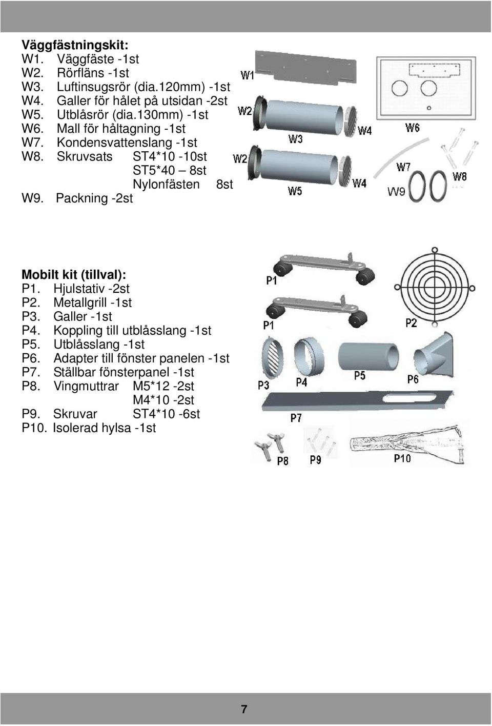 Packning -2st Mobilt kit (tillval): P1. Hjulstativ -2st P2. Metallgrill -1st P3. Galler -1st P4. Koppling till utblåsslang -1st P5.