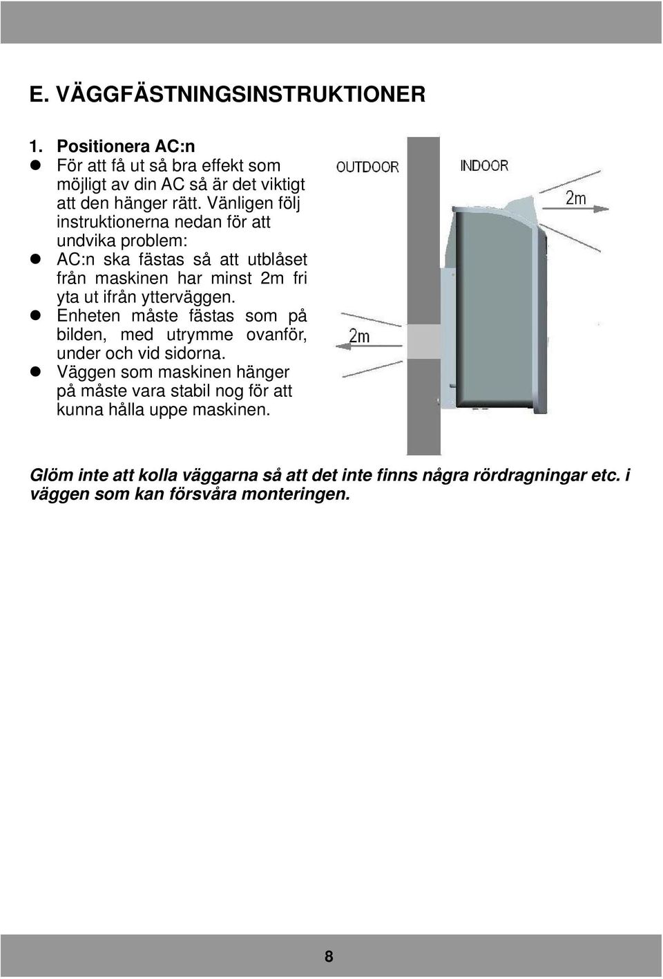 ytterväggen. Enheten måste fästas som på bilden, med utrymme ovanför, under och vid sidorna.