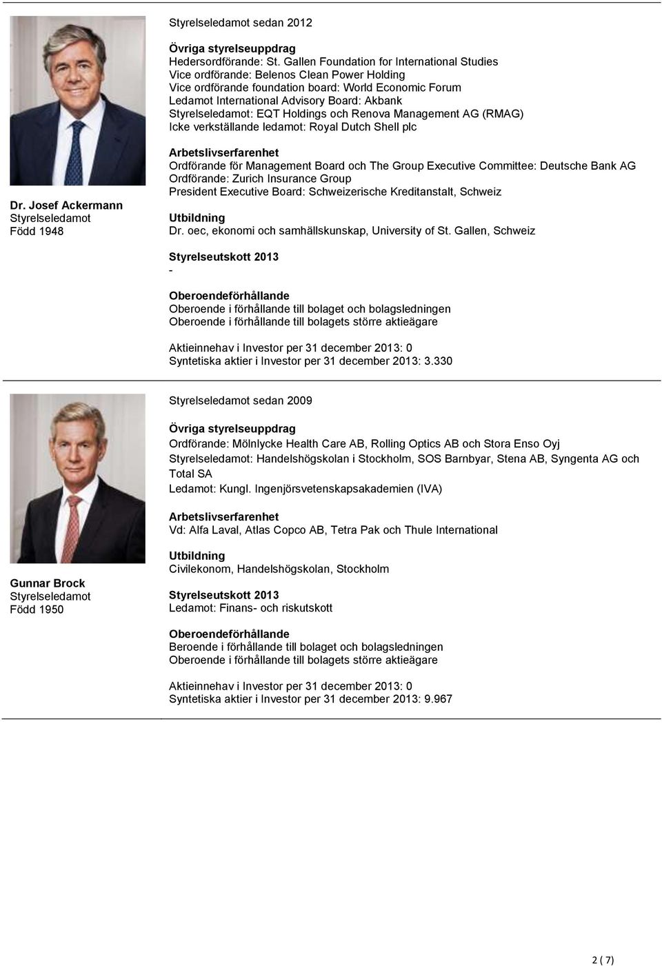 Holdings och Renova Management AG (RMAG) Icke verkställande ledamot: Royal Dutch Shell plc Dr.