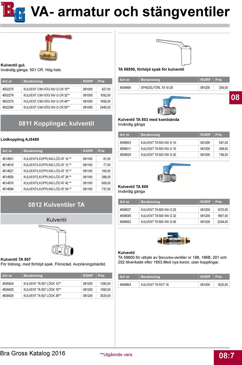 50** 081000 2445,00 0811 Kopplingar, kulventil TA 58590, förhöjd spak för kulventil 4508496 SPINDELFÖRL TA 10-25 081200 209,00 Kulventil TA 503 med kombiända Invändig gänga 08 Lödkoppling AJ5480