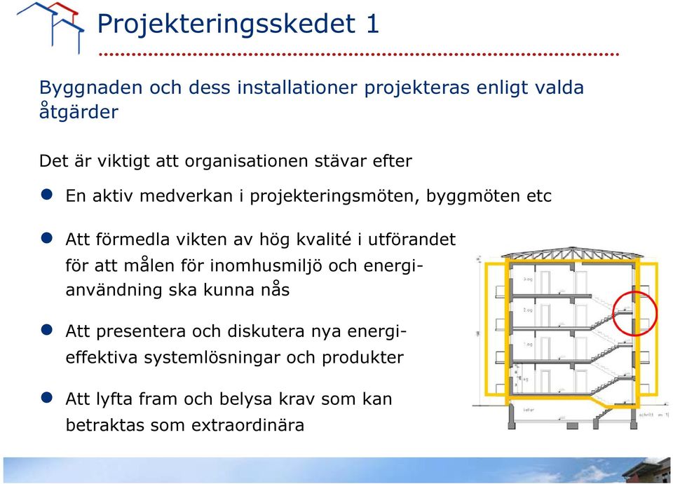 kvalité i utförandet för att målen för inomhusmiljö och energianvändning ska kunna nås Att presentera och