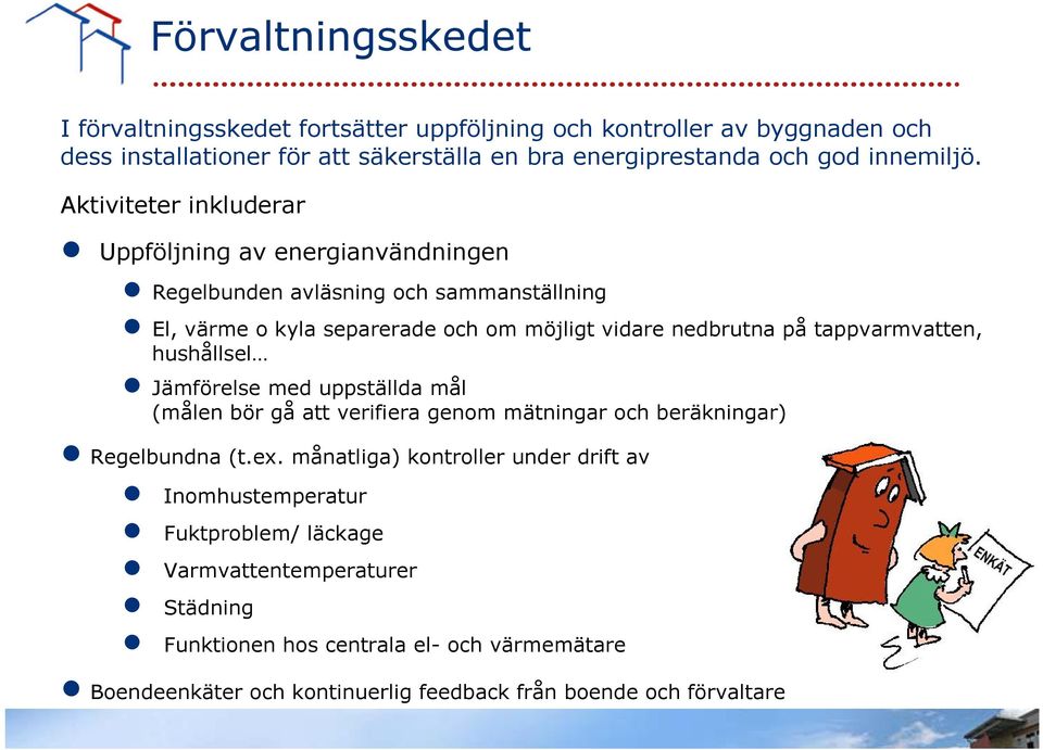 Aktiviteter inkluderar Uppföljning av energianvändningen Regelbunden avläsning och sammanställning El, värme o kyla separerade och om möjligt vidare nedbrutna på