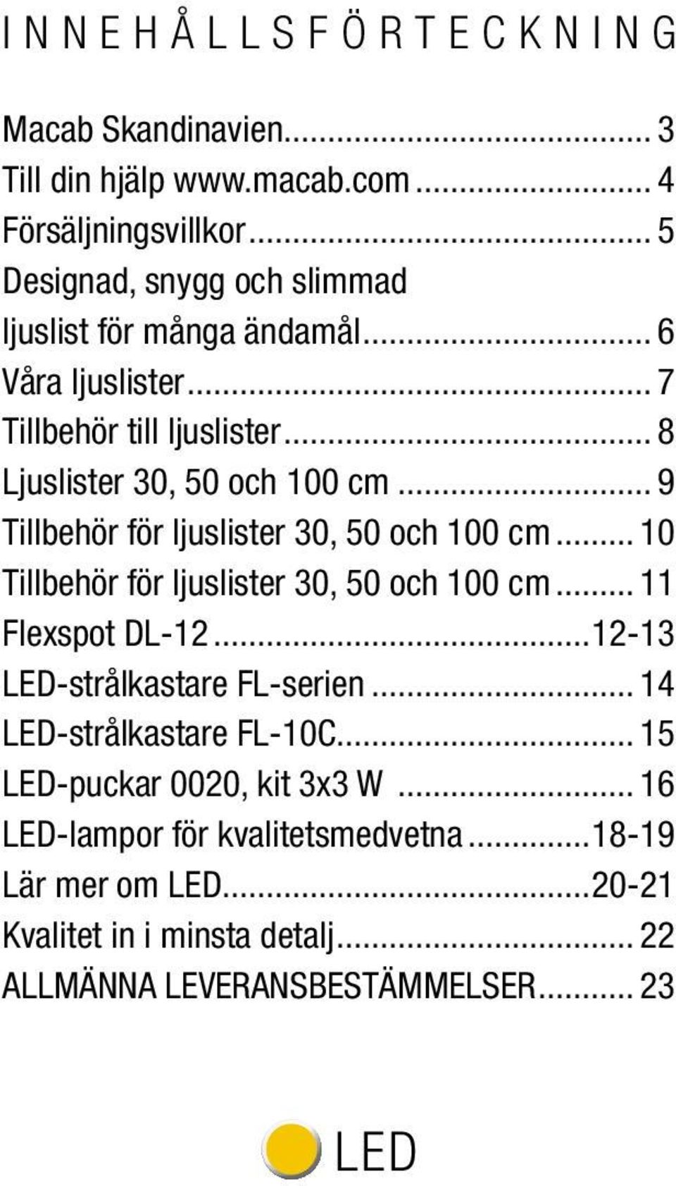 .. 10 Tillbehör för ljuslister 30, 50 och 100 cm... 11 Flexspot DL-12...12-13 LED-strålkastare FL-serien... 14 LED-strålkastare FL-10C.