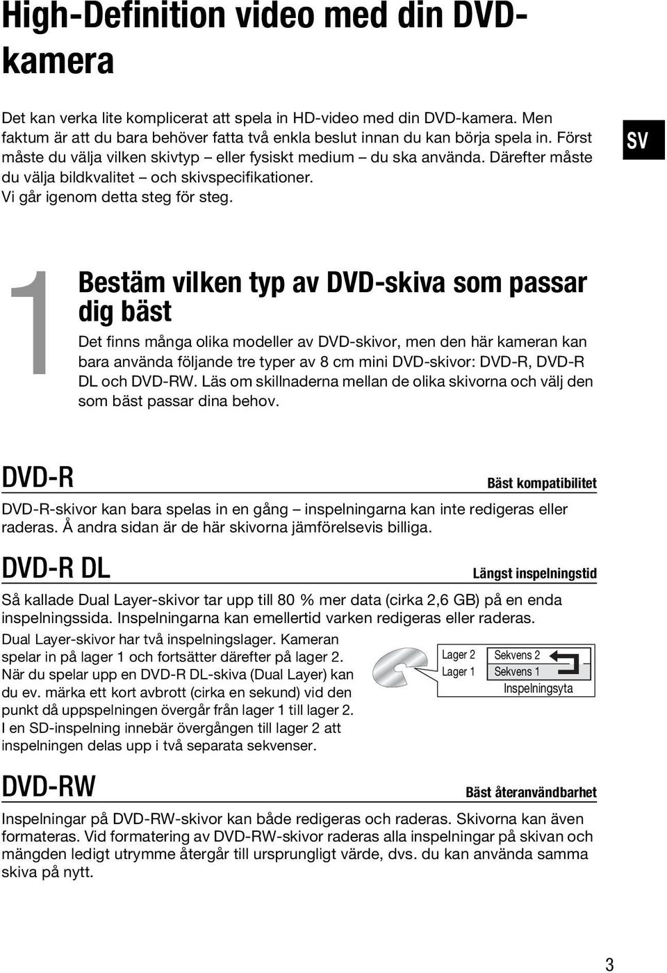SV 1 Bestäm vilken typ av DVD-skiva som passar dig bäst Det finns många olika modeller av DVD-skivor, men den här kameran kan bara använda följande tre typer av 8 cm mini DVD-skivor: DVD-R, DVD-R DL