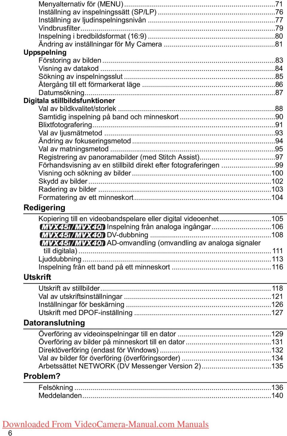 ..87 Digitala stillbildsfunktioner Val av bildkvalitet/storlek...88 Samtidig inspelning på band och minneskort...90 Blixtfotografering...91 Val av ljusmätmetod...93 Ändring av fokuseringsmetod.