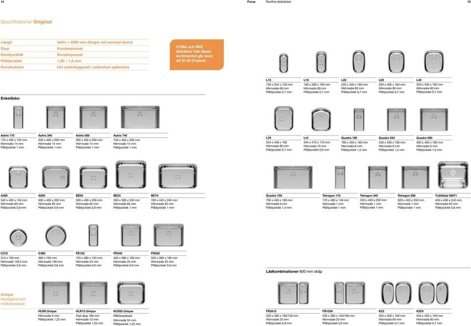 L15 150 x 344 x 120 mm Hörnradie 60 mm L18 180 x 380 x 160 mm Hörnradie 60 mm L22 220 x 400 x 160 mm L29 290 x 400 x 160 mm L40 350 x 400 x 160 mm Enkellådor Astris 170 170 x 400 x 140 mm Astris 340
