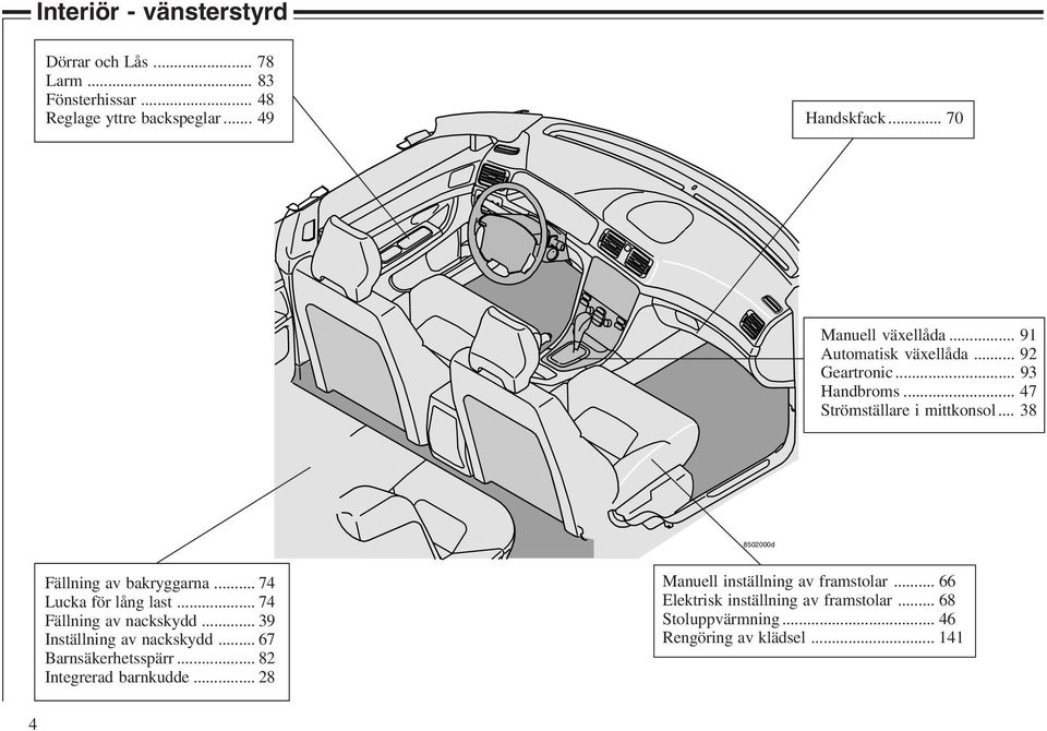 .. 38 8502000d Fällning av bakryggarna... 74 Lucka för lång last... 74 Fällning av nackskydd... 39 Inställning av nackskydd.