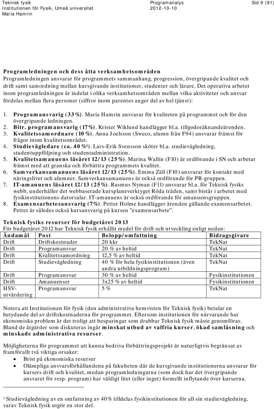 Det operativa arbetet inom programledningen är indelat i olika verksamhetsområden mellan vilka aktiviteter och ansvar fördelas mellan flera personer (siffror inom parentes anger del av hel tjänst): 1.