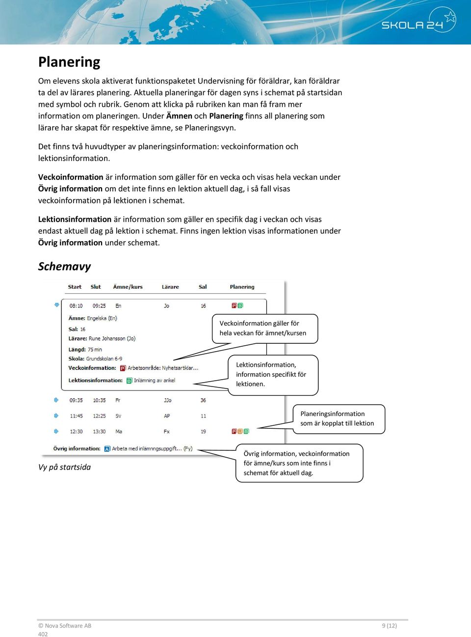 Under Ämnen och Planering finns all planering som lärare har skapat för respektive ämne, se Planeringsvyn. Det finns två huvudtyper av planeringsinformation: veckoinformation och lektionsinformation.