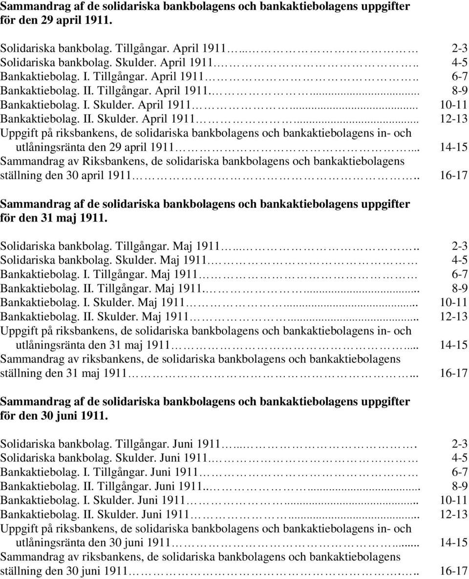 .. 14-15 Sammandrag av Riksbankens, de solidariska bankbolagens och bankaktiebolagens ställning den 30 april 1911.