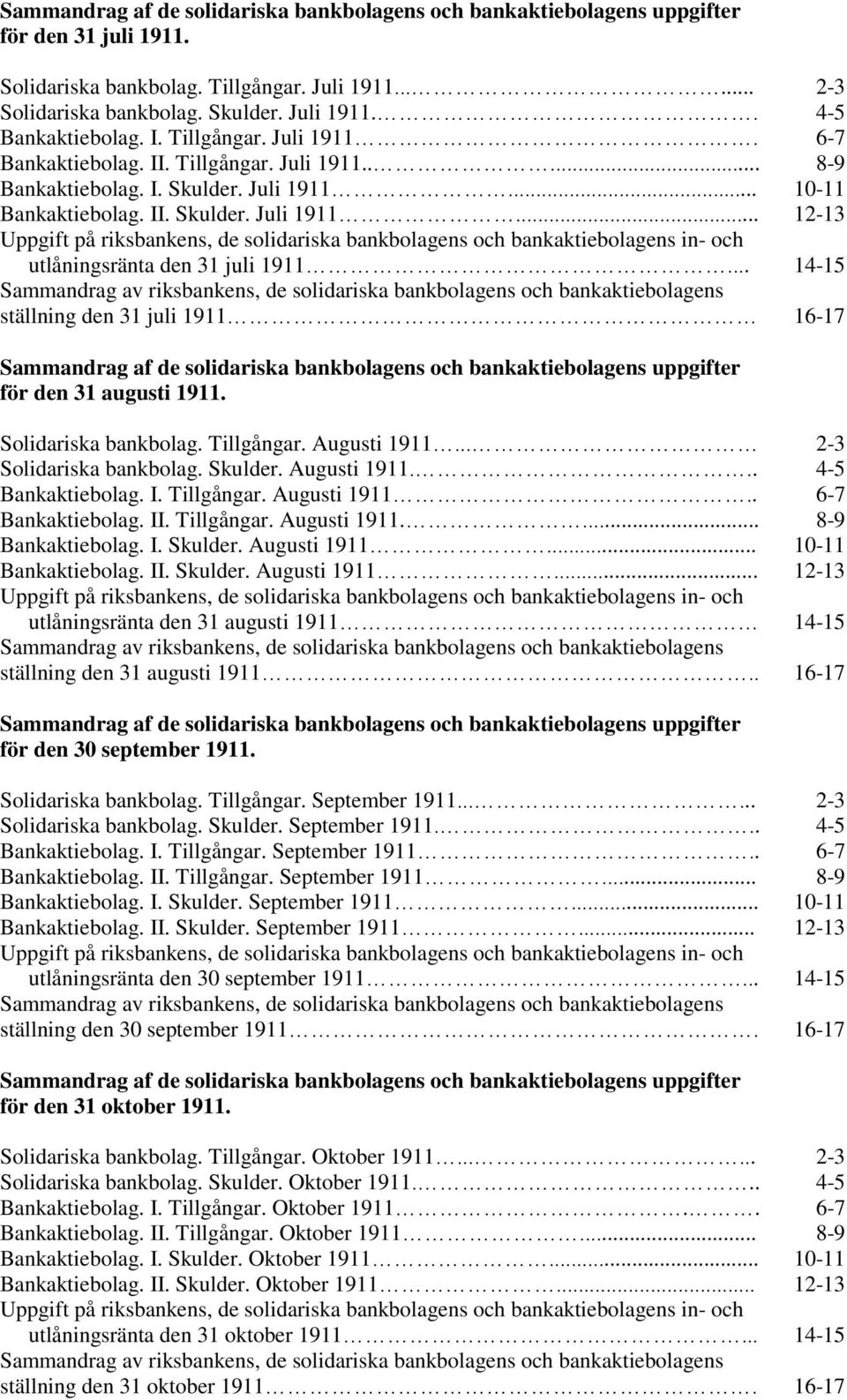 .. 14-15 Sammandrag av riksbankens, de solidariska bankbolagens och bankaktiebolagens ställning den 31 juli 1911 16-17 Sammandrag af de solidariska bankbolagens och bankaktiebolagens uppgifter för