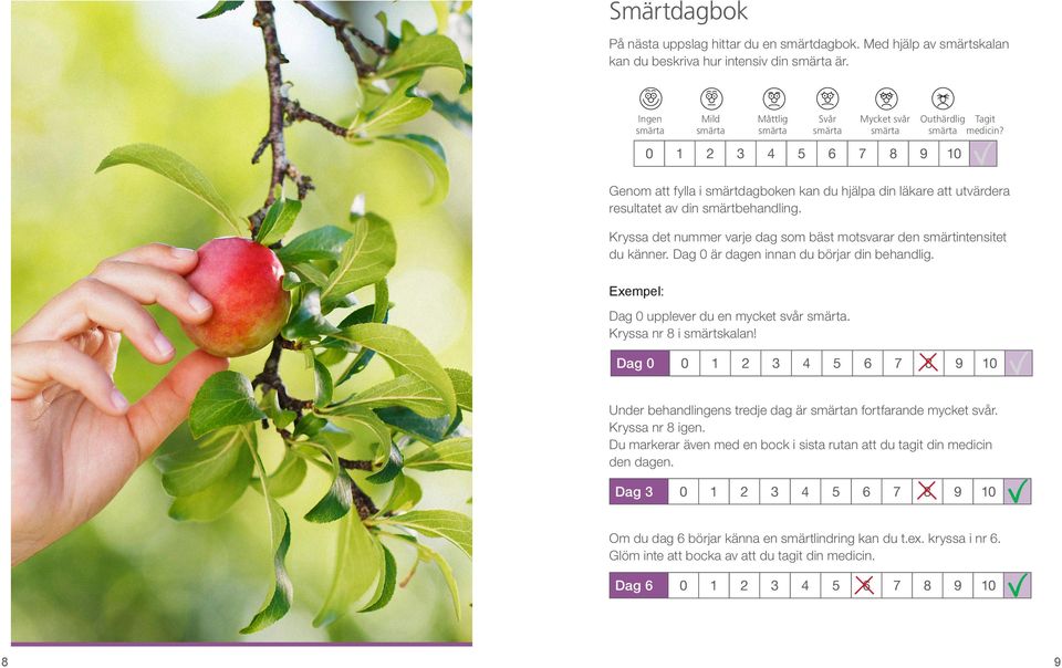 9 9 Genom att fylla i smärtdagboken kan du hjälpa din läkare att utvärdera Genom att fylla i smärtdagboken kan du hjälpa din läkare att utvärdera resultatet av din smärtbehandling.