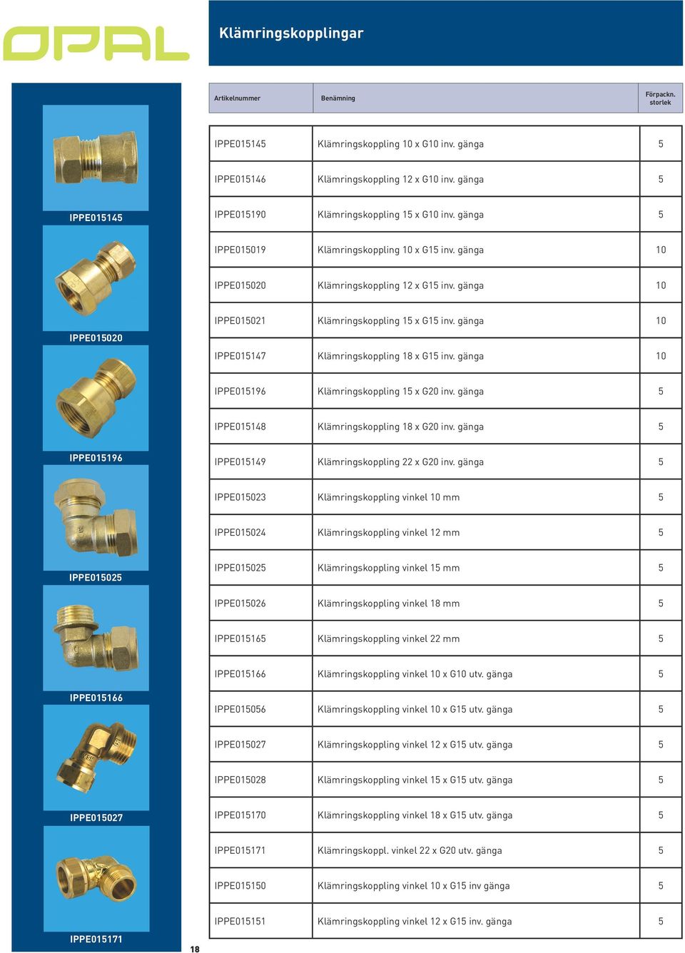 gänga 10 IPPE015147 Klämringskoppling 18 x G15 inv. gänga 10 IPPE015196 Klämringskoppling 15 x G20 inv. gänga 5 IPPE015148 Klämringskoppling 18 x G20 inv.