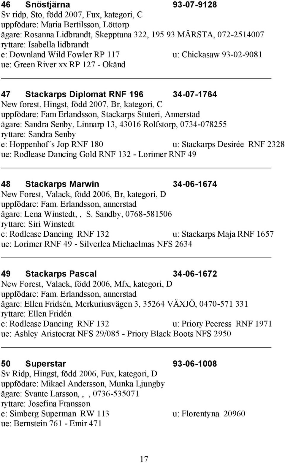Erlandsson, Stackarps Stuteri, Annerstad ägare: Sandra Senby, Linnarp 13, 43016 Rolfstorp, 0734-078255 ryttare: Sandra Senby e: Hoppenhof s Jop RNF 180 u: Stackarps Desirée RNF 2328 ue: Rodlease