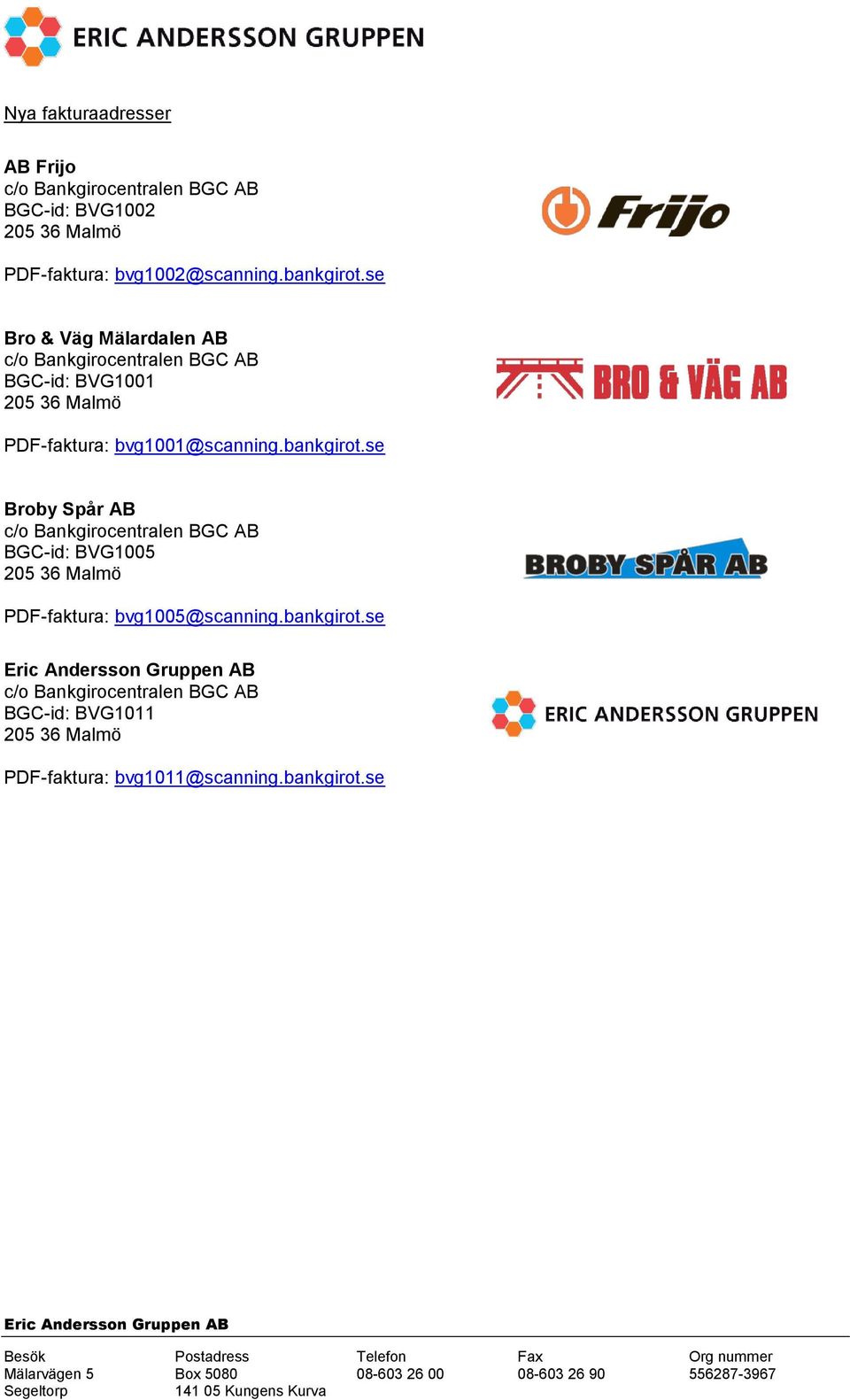 se Bro & Väg Mälardalen AB BGC-id: BVG1001 PDF-faktura: bvg1001@scanning.