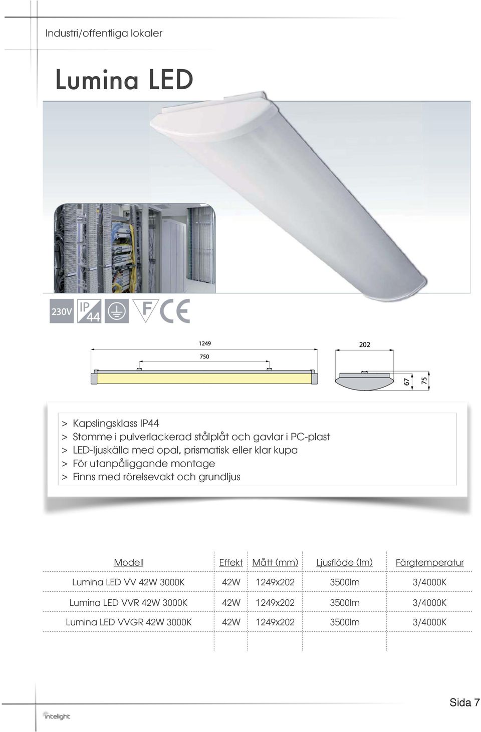 och grundljus Modell Effekt Mått (mm) Ljusflöde (lm) Färgtemperatur Lumina LED VV 42W 3000K 42W 1249x202 3500lm