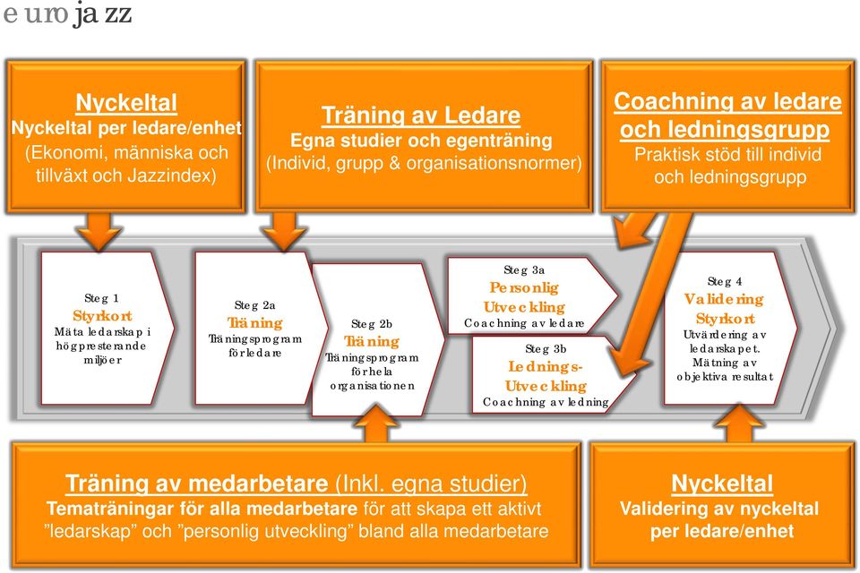 organisationen Steg 3a Personlig Utveckling Coachning av ledare Steg 3b Lednings- Utveckling Coachning av ledning Steg 4 Validering Styrkort Utvärdering av ledarskapet.