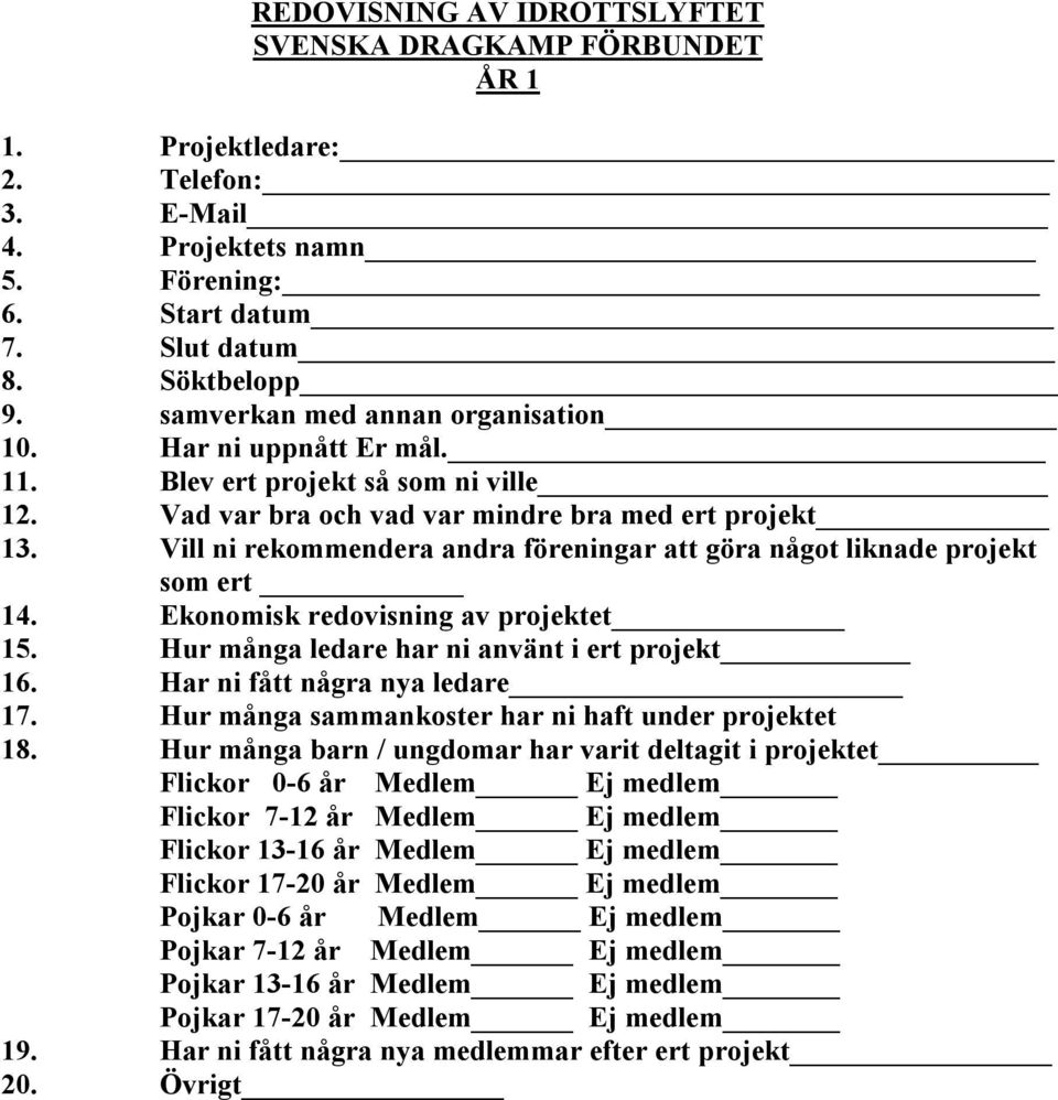 Vill ni rekommendera andra föreningar att göra något liknade projekt som ert 14. Ekonomisk redovisning av projektet 15. Hur många ledare har ni använt i ert projekt 16.