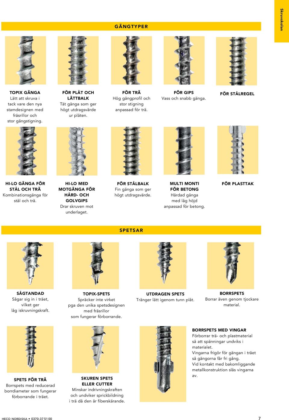 HI-LO MED MOTGÄNGA FÖR HÅRD- OCH GOLVGIPS Drar skruven mot underlaget. FÖR STÅLBALK Fin gänga som ger högt utdragsvärde. MULTI MONTI FÖR BETONG Härdad gänga med låg höjd anpassad för betong.
