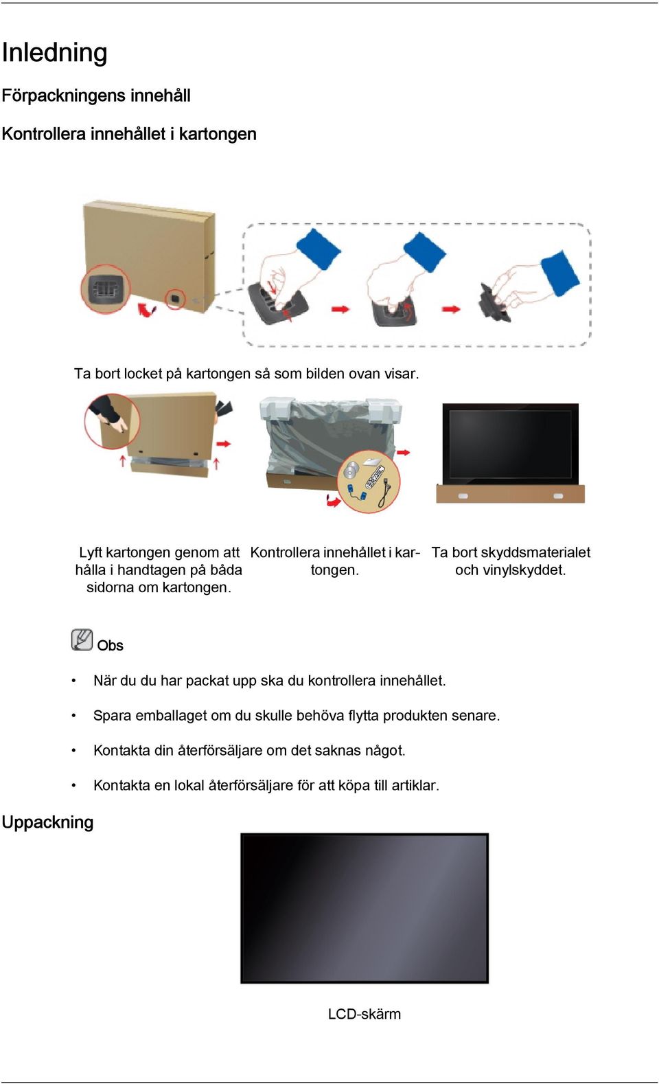 Ta bort skyddsmaterialet och vinylskyddet. När du du har packat upp ska du kontrollera innehållet.