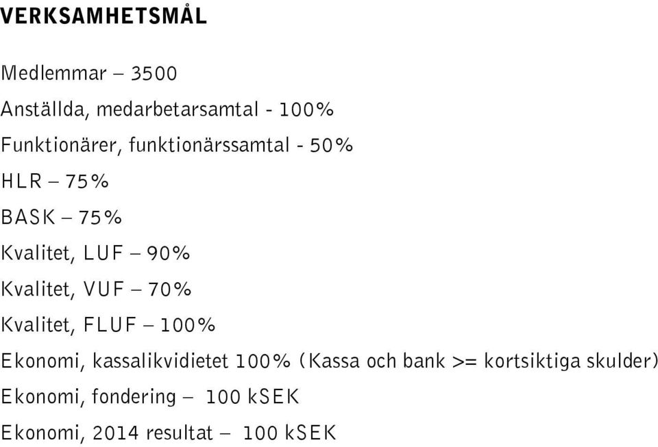 Kvalitet, VUF 70% Kvalitet, FLUF 100% Ekonomi, kassalikvidietet 100% (Kassa