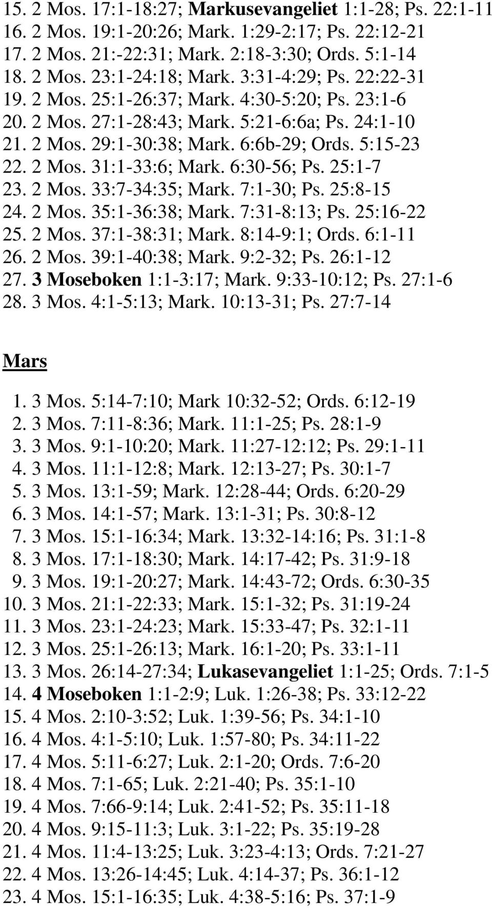 6:30-56; Ps. 25:1-7 23. 2 Mos. 33:7-34:35; Mark. 7:1-30; Ps. 25:8-15 24. 2 Mos. 35:1-36:38; Mark. 7:31-8:13; Ps. 25:16-22 25. 2 Mos. 37:1-38:31; Mark. 8:14-9:1; Ords. 6:1-11 26. 2 Mos. 39:1-40:38; Mark.