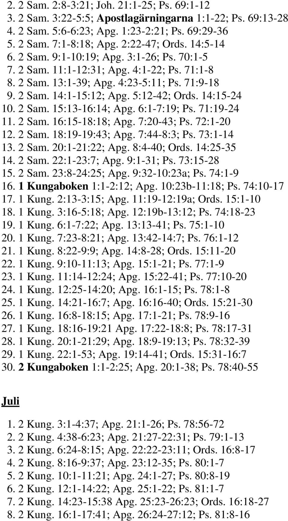 2 Sam. 15:13-16:14; Apg. 6:1-7:19; Ps. 71:19-24 11. 2 Sam. 16:15-18:18; Apg. 7:20-43; Ps. 72:1-20 12. 2 Sam. 18:19-19:43; Apg. 7:44-8:3; Ps. 73:1-14 13. 2 Sam. 20:1-21:22; Apg. 8:4-40; Ords.